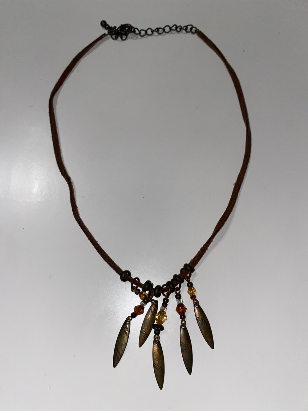 Vintage Brown Boho Leaf Charm Necklace with Amber Beads